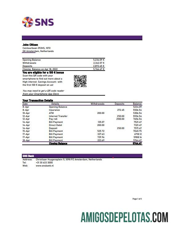 Extrato bancário do SNS da Holanda em branco, modelo Excel e PDF